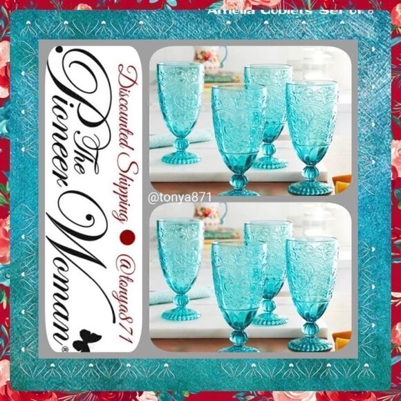 š¦ New PioneerĀ Woman Amelia 14.7-Ounce FootedāGlass Goblets, Set of 8, TealāBlue - Picture 3 of 10